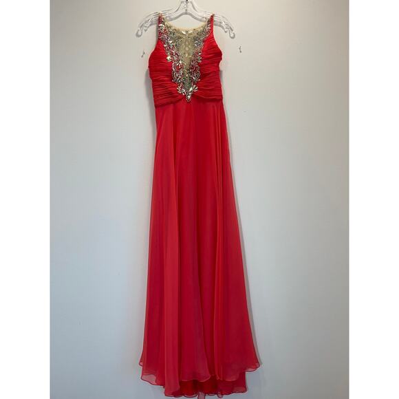 Rachel Allan Crystal Embellished Ruched Maxi Evening Gown Dress Size 2 Coral - Picture 4 of 6